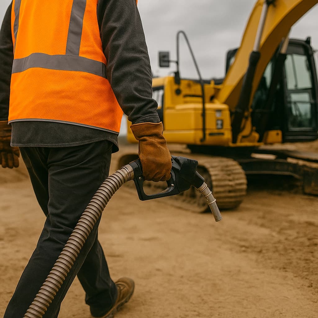 Construction worker in safety gear holding fuel nozzle with excavator in background - professional diesel fuel delivery service