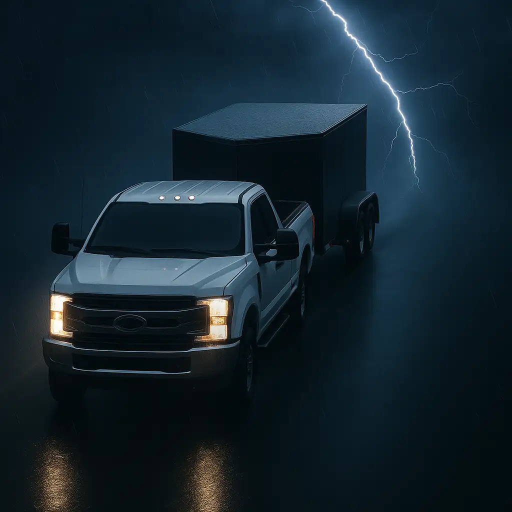 Emergency fuel delivery truck in stormy weather conditions - 24/7 emergency fuel service