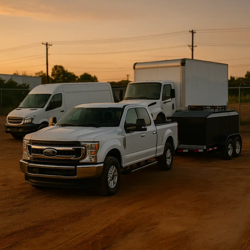 White pickup truck with fuel trailer and commercial vehicles at fleet yard during sunset - fleet fueling service